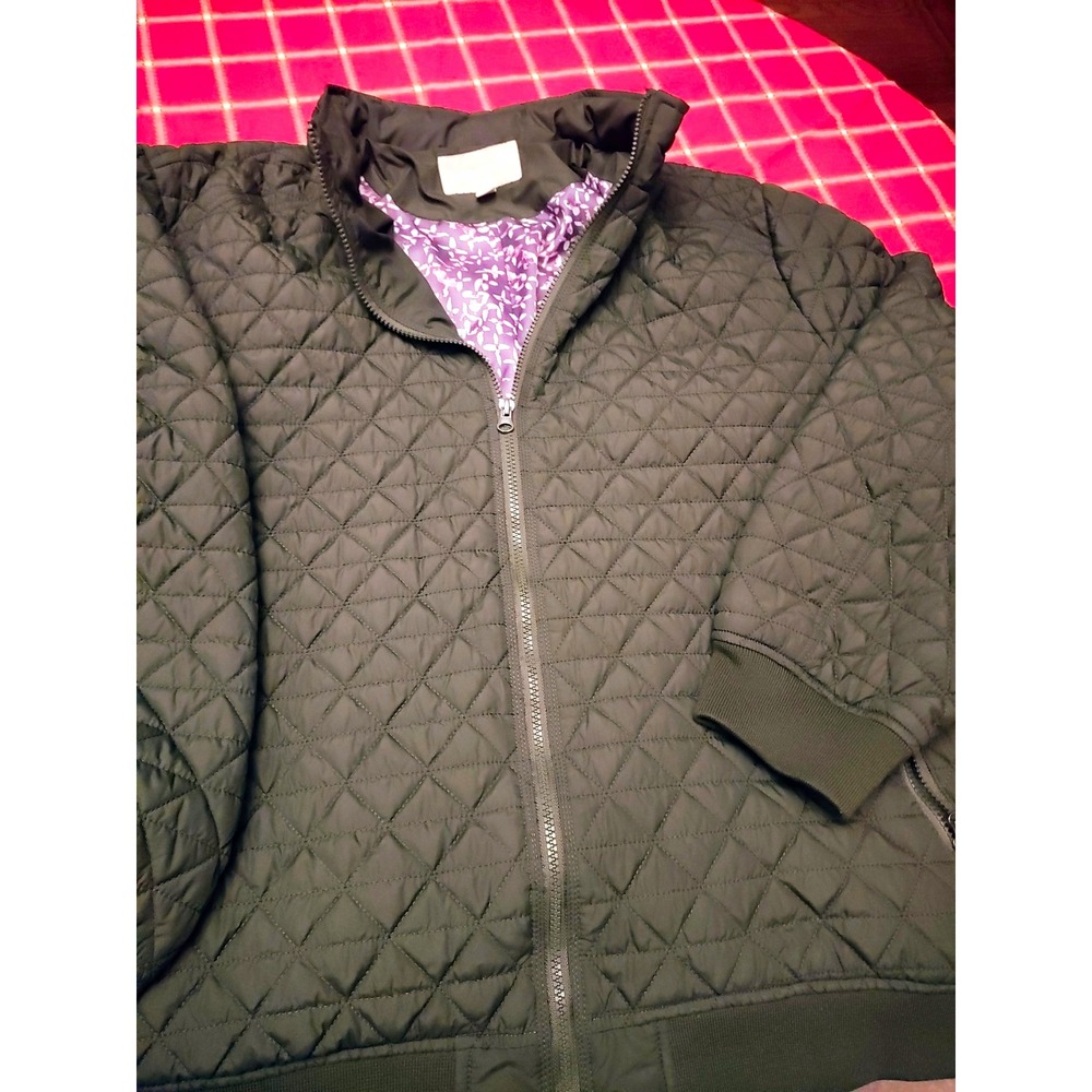 Woman Within 3X Olive Green Quilted Jacket Floral Lined Full Zip Plus Size